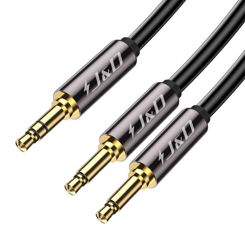 J&D Airplane Airline Flight Cable for Headphones, 3.5mm 1/8 inch TRS Male to Dual 3.5mm 1/8 inch TS Male Gold Plated Copper Shell Heavy Duty, 9 Feet - Image 1